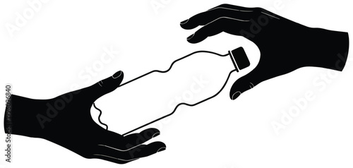 Plastic bottle sharing between hands – sustainability and resource awareness.