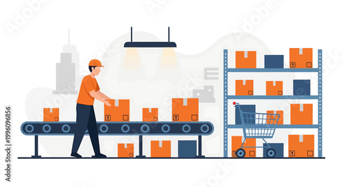 Warehouse worker moving boxes on a conveyor belt and shelves.
