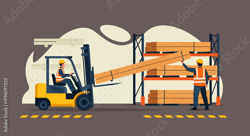 Warehouse worker operates forklift moving lumber to storage rack.