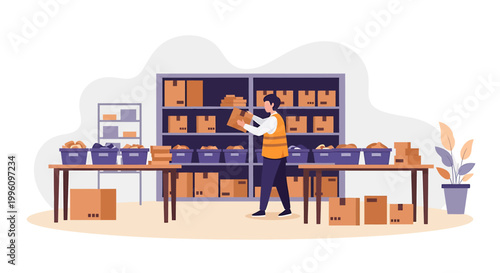 Warehouse worker organizing boxes on shelves and tables.