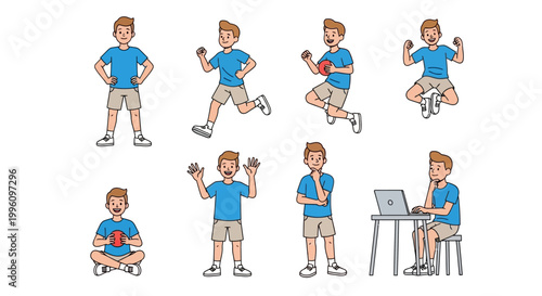 Collection of a young boy in various poses and activities.
