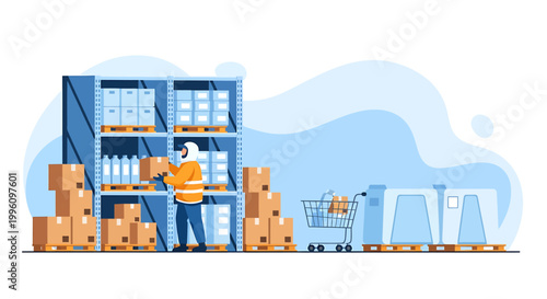 Warehouse worker organizing boxes on shelves with a cart nearby.