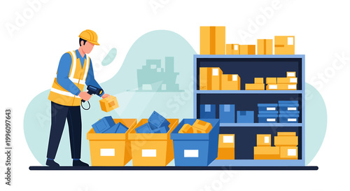 Warehouse worker organizing inventory with scanner and bins.