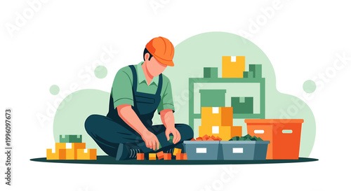 Warehouse worker packing boxes for shipping and delivery.