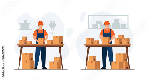 Warehouse worker packing boxes on a table for shipping.