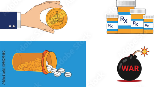 Concept illustration showing financial coin exchange, prescription medicine bottles with pills, spilled medication, and symbolic bomb representing global conflict issues