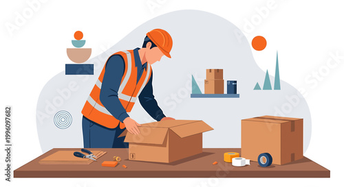 Warehouse worker packing cardboard box with tape and scissors on table.