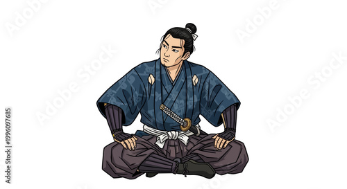 Illustration of a Japanese Samurai warrior sitting in traditional attire.