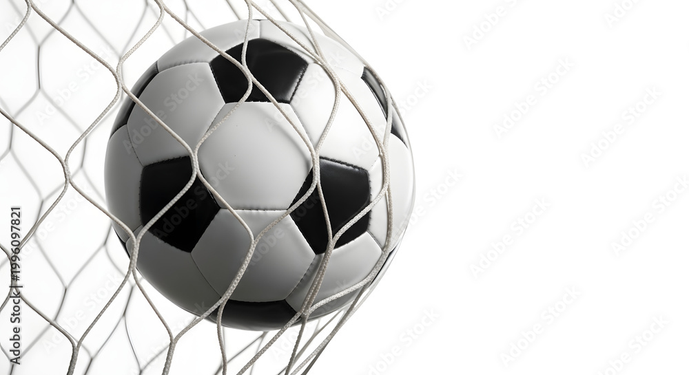 Fototapeta premium A soccer ball flies into the goal net on a white background