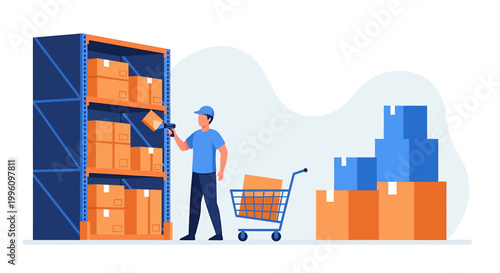 Warehouse worker scanning inventory boxes with scanner and cart.