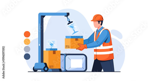 Warehouse worker with automated robotic arm and forklift.