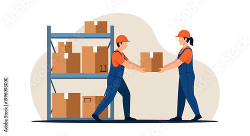 Warehouse workers moving boxes from a shelf.