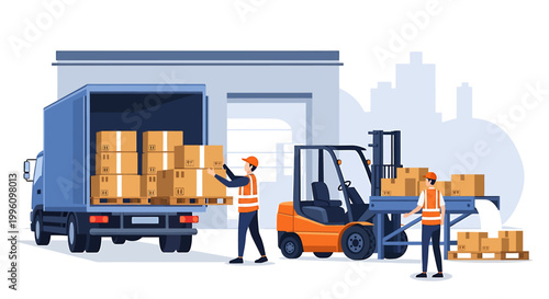 Warehouse workers loading boxes onto a truck using a forklift.