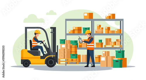 Warehouse workers operating forklift and organizing boxes on shelves.