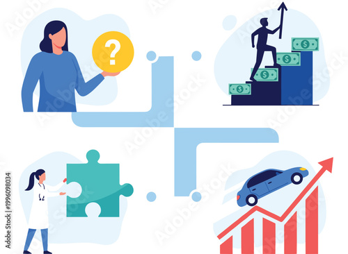Creative illustration showing problem solving, financial growth, scientific innovation, and automotive progress connected through teamwork, research, and economic success
