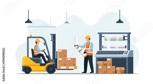 Warehouse workers operating forklift and scanning packages for logistics.