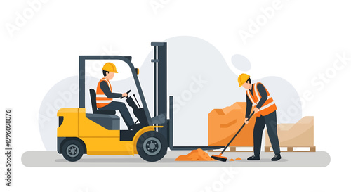 Warehouse workers operating forklift and sweeping floor.