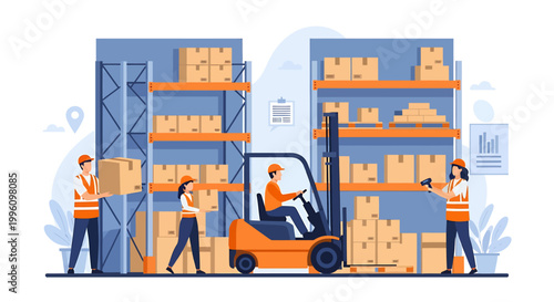 Warehouse workers operating forklift and scanning packages for logistics.