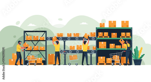 Warehouse workers organizing boxes on shelves in a distribution center.