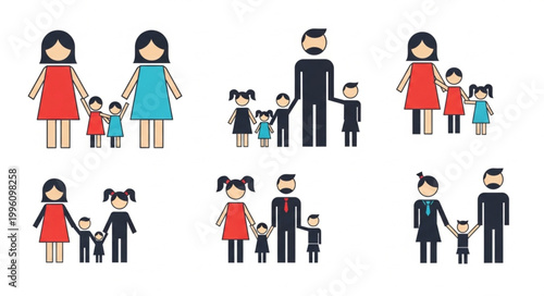 Diverse cartoon families depicted in simple flat design style.