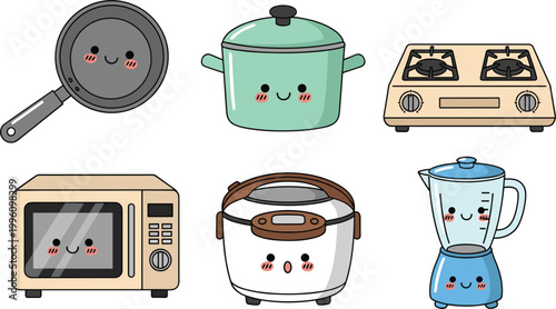 Cute Kawaii Kitchen Appliances Illustration Set with Smiling Faces for Fun, Cooking, and Household Design Projects