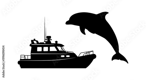 Dolphin jumping over a boat.