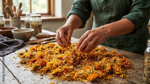 Hands collecting calendula flowers on a wooden table, emphasizing natural healing and botanical herbal medicine practices.