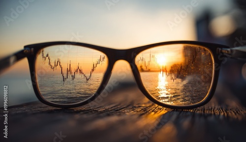 Eyeglasses Reflecting Stock Market Graph and Sunset Over Ocean.