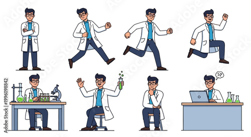 Scientist Character Set in Various Poses and Activities.