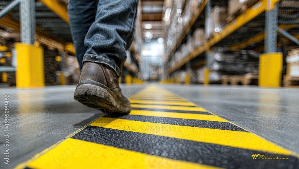 Fototapeta premium Worker Walking on Safety Line in Warehouse Aisle.