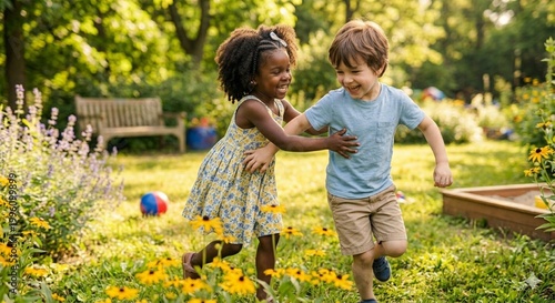 Two joyful children running and playing in a green garden surrounded by flowers. Energetic childhood moment full of happiness, movement, and freedom.