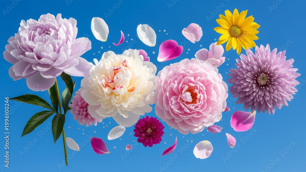 Fototapeta premium Vibrant peonies and chrysanthemums float gently against a clear blue sky with scattered petals.