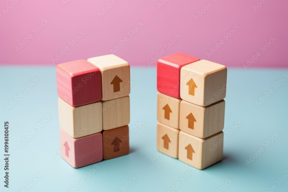 Obraz premium Wooden blocks with upward arrows symbolizing business growth and progress