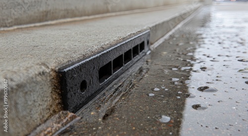 Close-up of a modern linear drainage system on a wet pavement surface.