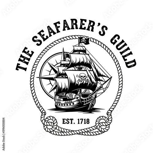 Vintage Seafarers Guild Emblem with Sailing Ship.