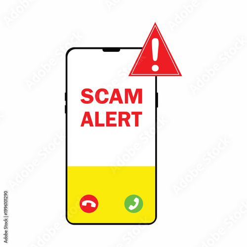 Vector illustration of a scam warning symbol on a smartphone. Warning sign, call, attack, hacking, malware, in a flat design style.
