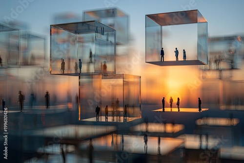 Futuristic Cityscape with Floating Glass Cubes and Silhouetted Figures at Sunset.