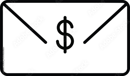 A simple black and white icon of an envelope with a dollar sign