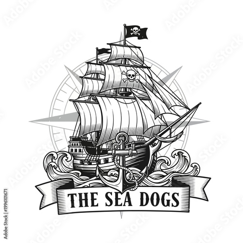 Vintage Pirate Ship Sailing on the Ocean Waves.