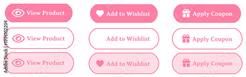 Minimal Pink and White E-commerce Button Set with View Product Add to Wishlist Apply Coupon Icons, Clean Modern UI Elements, Rounded Soft Interface Design, Simple Easy-to-Use Web and Mobile Shopping
