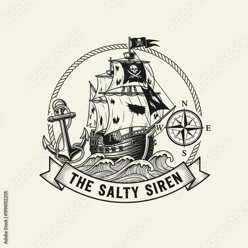 Vintage Pirate Ship Sailing on the Ocean Waves.