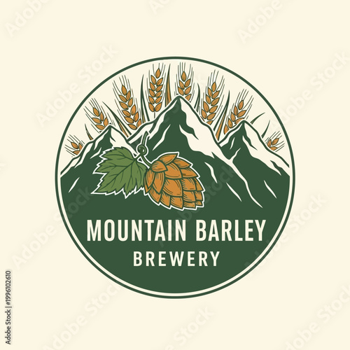 Mountain Barley Brewery Logo with Hops and Mountains.