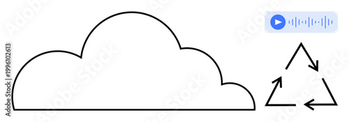 Digital storage, audio streaming, sustainability, recycling, cloud computing, eco-friendly tech. A cloud icon, a recycle symbol and an audio button. s digital storage and sustainability