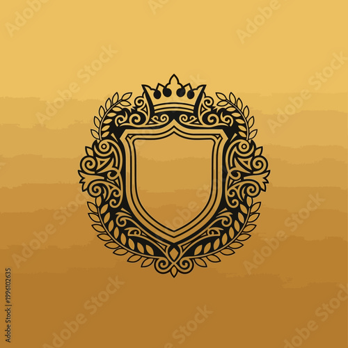 Elegant Emblem Shield Crown Laurel Wreath Ornate Design.