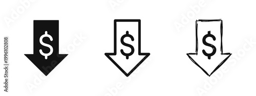 Price Drop Dollar Arrow Icons Set - Financial Loss and Inflation Decrease Symbol