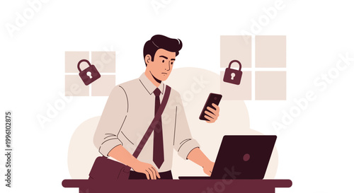 Man working on laptop and phone with security locks, business concept
