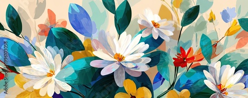 Vibrant Abstract Floral Painting with Daisy and Leaf Motifs.