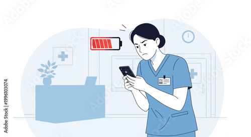 Nurse with low battery phone in hospital, stress and exhaustion