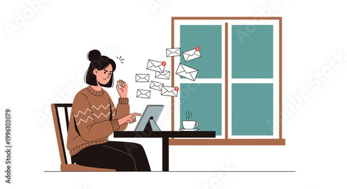 Overwhelmed woman working from home, drowning in emails, digital overload concept