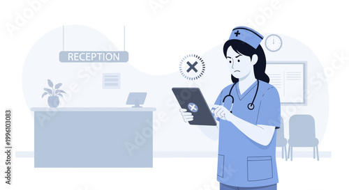 Nurse with tablet in clinic reception, frustrated by error message, healthcare technology concept